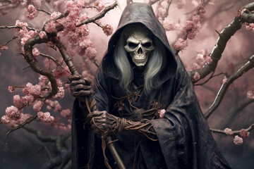 Fototapeta premium A scary witch among the flowers of blooming sakura. Abstract AI generated illustration.