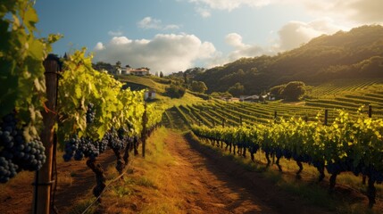 Fototapeta na wymiar Vineyard at sunset in sunlight. Winemaking and grape fields.