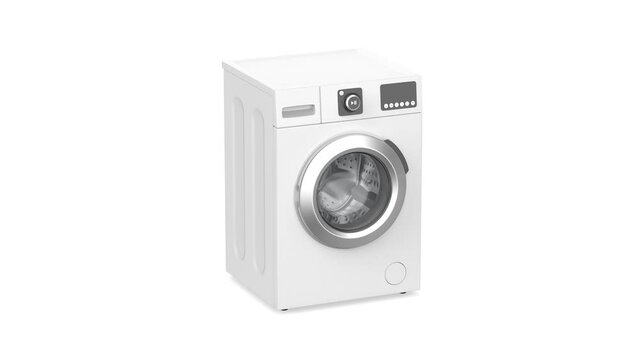 Modern front load washing machine on white background