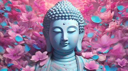 Buddha statue surrounded by pink flowers. 