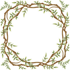 Brown branch with green foliage frame. Wreath illustration.