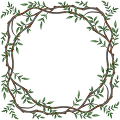Gray branch with green foliage frame. Wreath illustration.