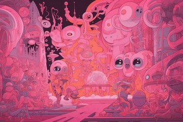 Artwork featuring pink extraterrestrials participating in a traditional pastime. Generative AI