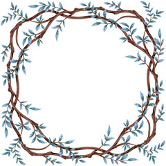 Brown branch with blue foliage frame. Wreath illustration.