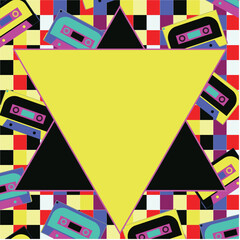 Obraz premium Nostalgic Yellow Checkered Cassette Retro 90s Banner with space for text. Yellow and black background illustration with geometric frame. 