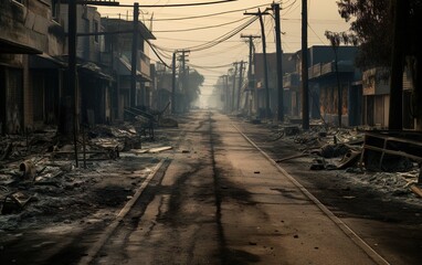 Naklejka premium A burned city street with no life. AI, Generative AI