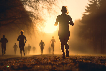 Silhouettes of athletes running in the park