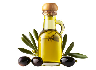 Glass bottle of olive oil with olives Isolated on white background 