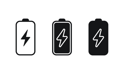 Black battery charging vector icon set. Phone battery with lightning icon. Charging phone, laptop icon.