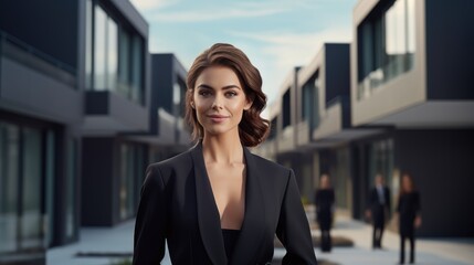 Woman realtor in a modern housing complex of luxury townhouses.