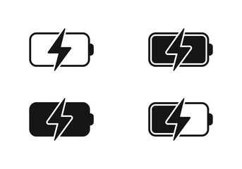 Black battery charging vector icon set. Phone battery with lightning icon. Charging phone, laptop icon.