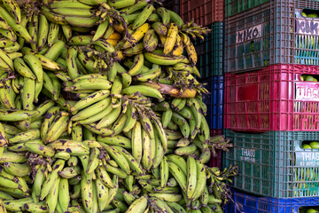 Stacked boxes with tropical fruits and a heap of green bananas on a ferry to Manaus in Brazil, South America
