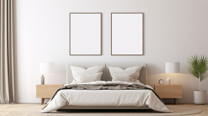 Fototapeta na wymiar interior design, bedroom with white bed, frames mockup