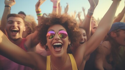 Epitomizing youth and fun people, Diverse, energetic group of millennials dancing with joy and excitement at a lively music festival, Generative AI - obrazy, fototapety, plakaty