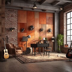 Empty wooden music recording studio with guitar and music equipment. AI generated