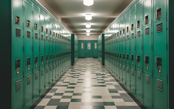 A row of green lockers in a hallway created with AI. AI, Generative AI