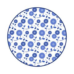 Porcelain plate with traditional blue on white design in Asian style. design pattern for background, plate, dish, bowl, lid, tray, salver, vector illustration art embroidery. flowers pattern plate.