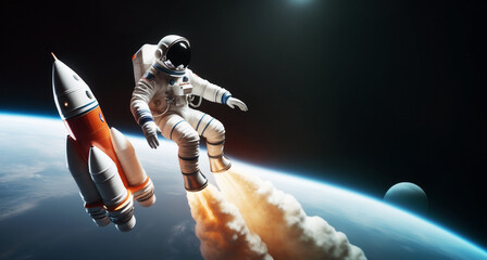 immagine primo piano di astronautia nella tuta spaziale che vola nello spazio, spazio scuro e pianeti sullo sfondo - obrazy, fototapety, plakaty