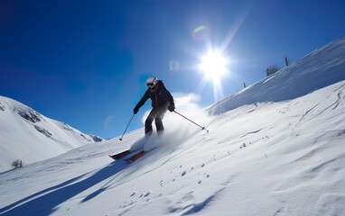 A skier is skiing in the bright sun and blue sky. AI, Generative AI