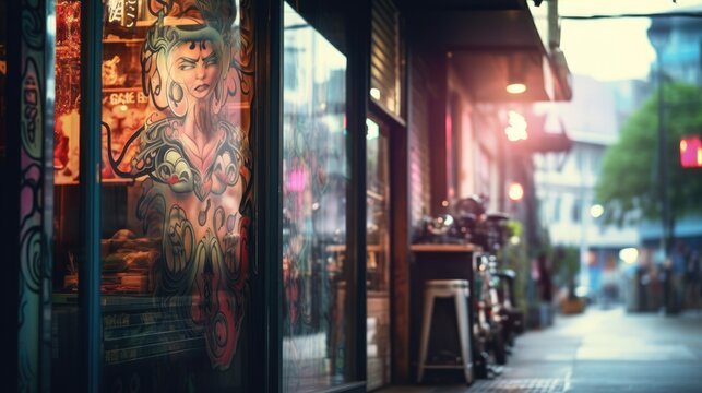 Blurred background facade of a tattoo parlor. Interior of a city tattoo studio.