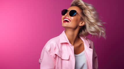 Blond young happy and funny woman laughing wearing 80s fashion in Stylish woman posing as supermodel on pink studio background, Generative AI