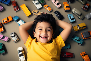 Indian small kid playing with toy car at home, happy expressions - Powered by Adobe