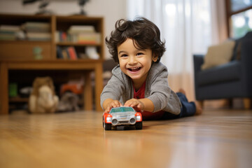 Indian small kid playing with toy car at home, happy expressions