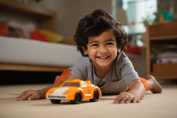 Indian small kid playing with toy car at home, happy expressions