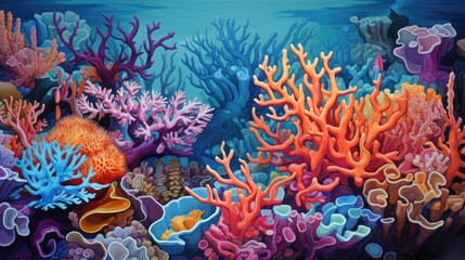 Underwater sea world. Ecosystem. Bright multi-colored corals on the ocean floor