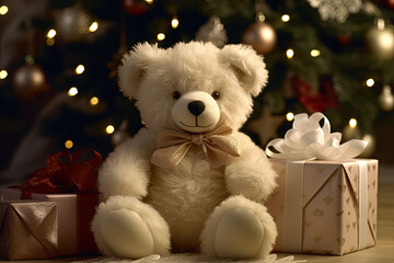 Teddy bear and wrapped presents under the decorated Christmas tree