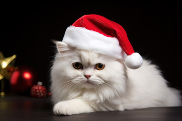 White fluffy cat in a christmas outfit under the christmas tree. Christmas card.