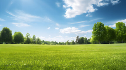 Radiant Manicured Lawn Amidst Lush Trees on Sunny Day, Tranquil Spring Ambiance. 
