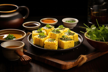 Indian Khaman Dhokla served in a plate with chutney