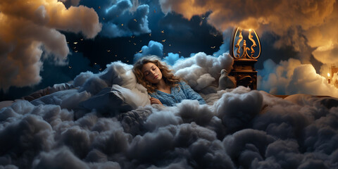 Hübsche Frau liegt im Bett schlafend wie im siebten Himmel mit Wolken bequem und ruhig Querformat für Banner, ai generativ - obrazy, fototapety, plakaty