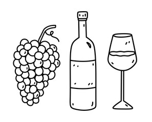 Wine bottle, wine glass and grape isolated on white background. Alcoholic beverage. Vector hand-drawn illustration in doodle style. Perfect for cards, menu, decorations, logo, various designs.