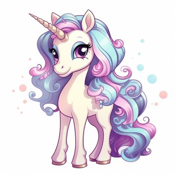 Illustration of a colourful cartoon unicorn with long purple and Blue hair and blue eyes created with Generative AI technology