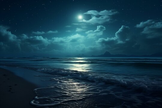 Nighttime ocean view with rising full moon. Generative AI
