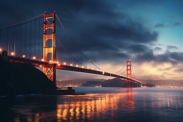 Iconic San Francisco landmark connecting city with shining bridge. Generative AI - obrazy, fototapety, plakaty