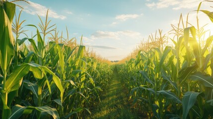 Corn field in sunlight. Agriculture and corn growing. - obrazy, fototapety, plakaty