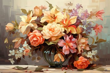 Floral arrangement. Digital. Illustration. Painting. Artwork. Scenery. Backgrounds. Generative AI