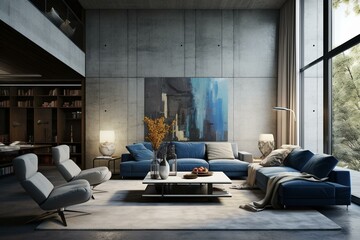 Modern apartment with gray sofa, blue armchairs, concrete wall, loft. Stylish home design. Generative AI