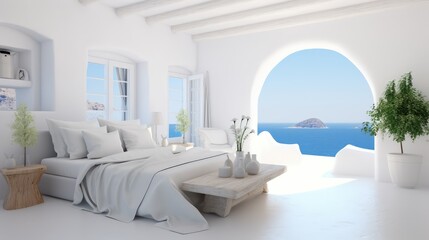 Fototapeta na wymiar Bedroom sea view, White Bedroom interior Santorini style on sea view background, Generative AI