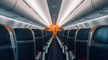 Poster Interior of airplane with rows of seats and orange door.  © Anna