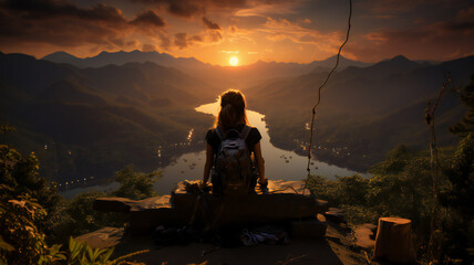 Woman carrying backpack sitting on top of raft mountain, sit with your back turned and look at the natural. Twilight light near sunset, traveler freedom nature beautiful, lifestyle summer activity - obrazy, fototapety, plakaty