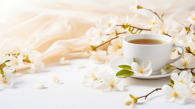 Cup of tea with jasmine flowers on a white background