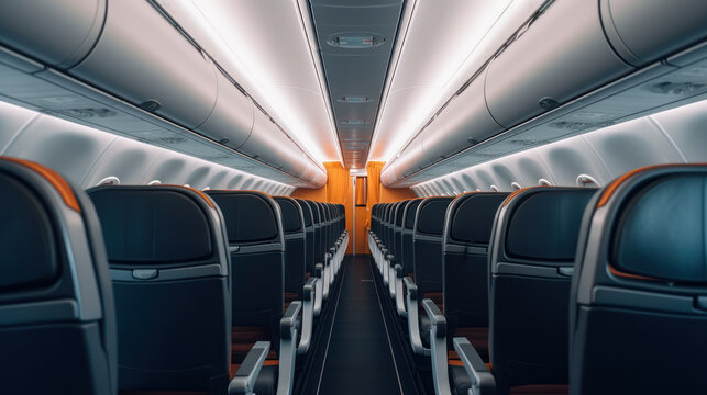 Interior of airplane with rows of seats and orange door. 