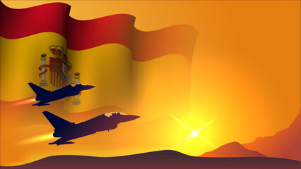 fighter jet plane with spain waving flag background design with sunset view suitable for national spain air forces day event