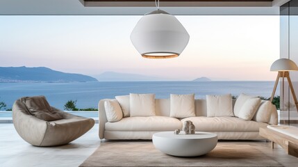 modern luxury living room with white sofa on sea view and blue sky background, large living room in modern house or luxury pool villa, Generative AI