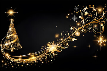 Merry Christmas decorations and happy new year background with copy space. Golden sparkling stars on black background. Elegant Christmas background