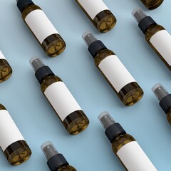 Lying brown spray bottles illustration. Blank white label. 3D render